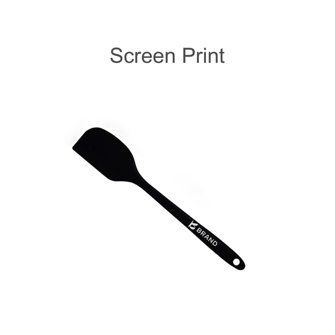 A black spatula with a flat head and a long handle, featuring a logo on the handle.