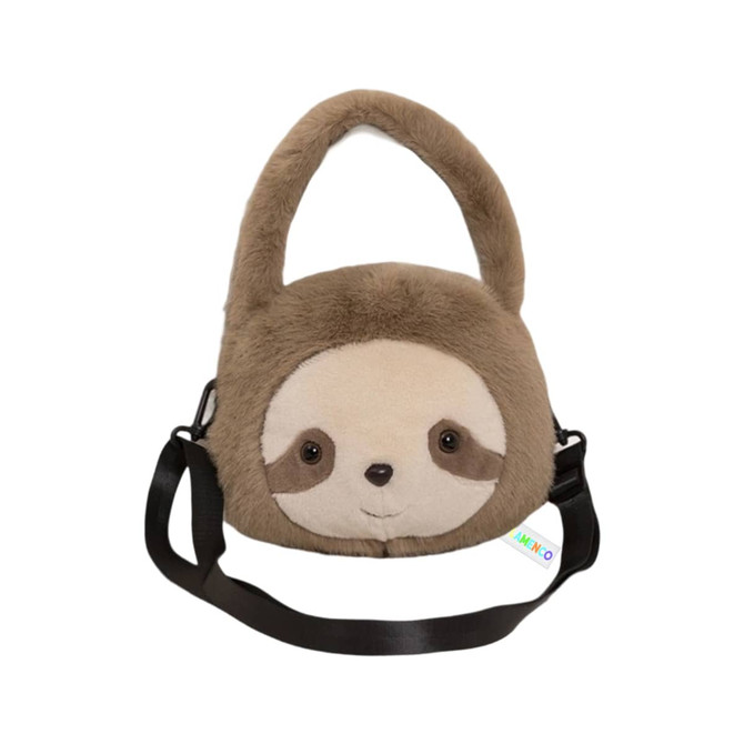 A brown plush handbag shaped like a sloth, featuring a soft exterior and a black shoulder strap. It has a cute face and branding.