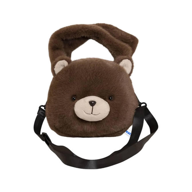 A brown plush handbag shaped like a bear, featuring a soft texture and a smiley face, with a detachable strap.