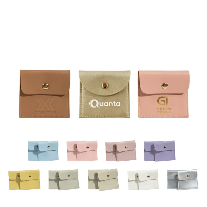 A variety of square PU leather jewellery pouches in colours including beige, pink, blue, and purple, with logos.