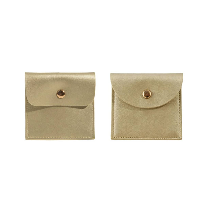 A square gold PU leather jewelry pouch with a snap closure and smooth finish, featuring two views of the product.