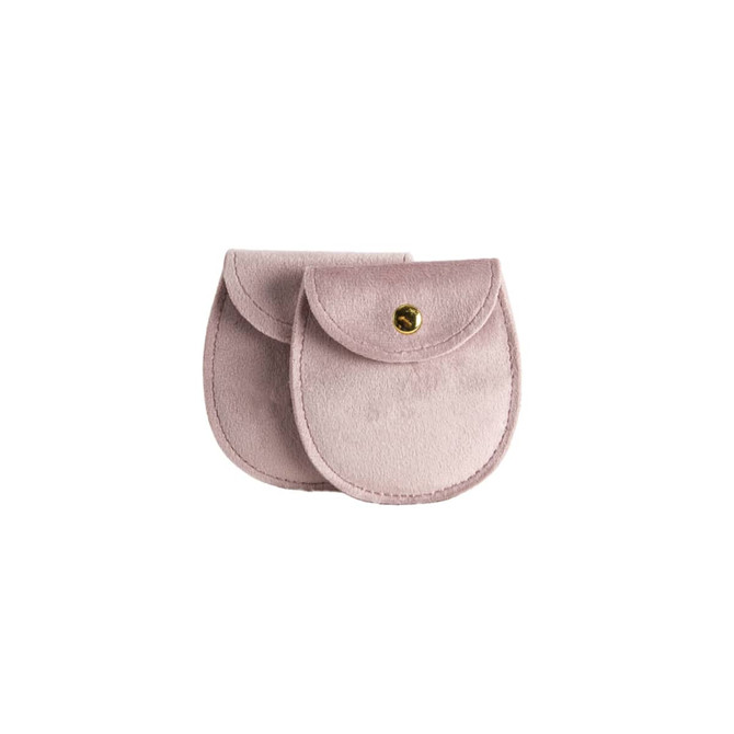 Two oval-shaped velvet jewellery pouches in a soft pink hue, featuring a snap closure and a subtle logo.