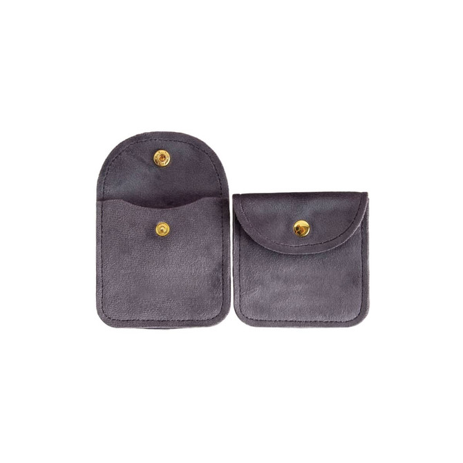 A grey velvet jewelry pouch with a snap closure and a small front pocket. It features a branding logo.