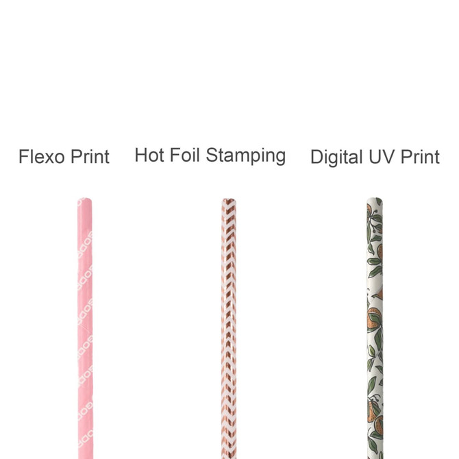 A set of four drinking paper straws in various designs: pink striped, patterned, floral, and a decorative print.