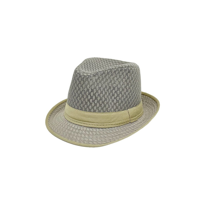 A mesh breathable top hat in grey with a beige band around the base. Features a woven pattern throughout.