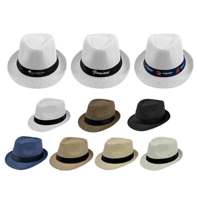 A collection of straw hats in various colours, including white, brown, black, and beige, with multiple band designs.