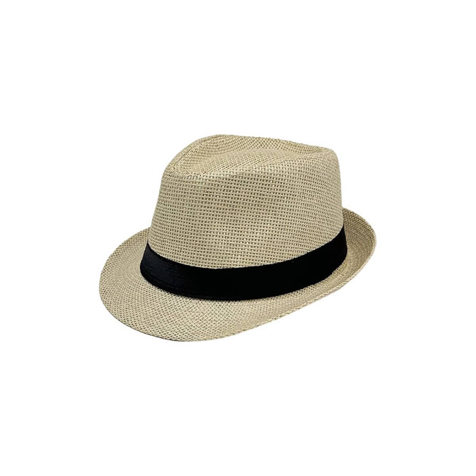 A straw hat with a wide black band, featuring a light beige woven design. It has a classic fedora shape.