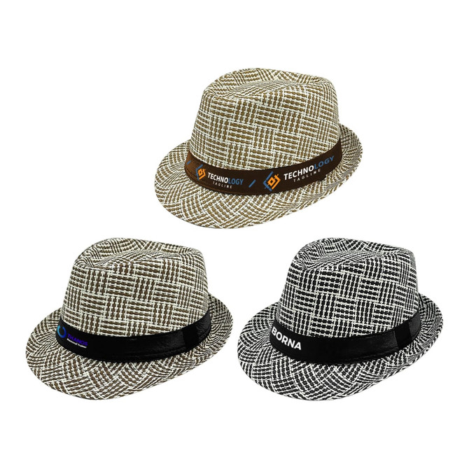 Three breathable woven straw hats in brown and white patterns, featuring different bands and logos.