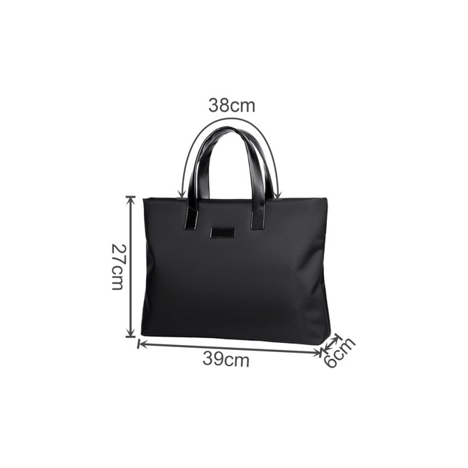 A black nylon briefcase with two handles, measuring 39cm x 27cm x 6cm. It features a subtle logo.