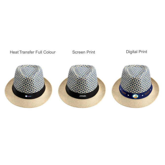 A straw woven top hat with a light blue patterned crown and a dark band, available in three print styles.