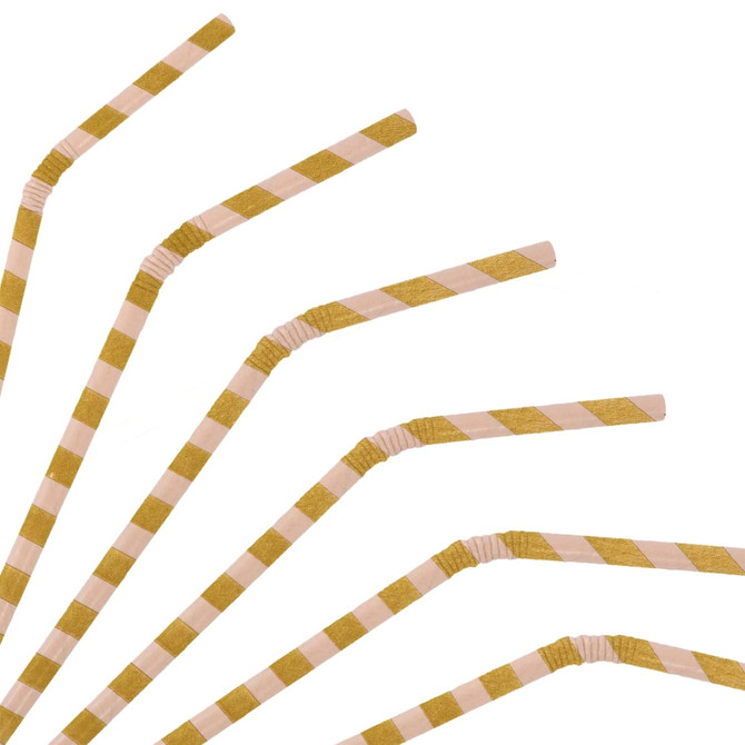 Bendable drinking paper straws in pink and gold stripes arranged in a fan shape, featuring a branding logo.