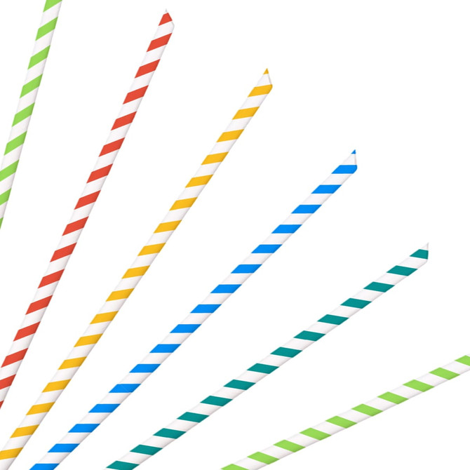 A collection of disposable 4-ply straight angled paper straws in red, yellow, blue, green, and white striped designs.