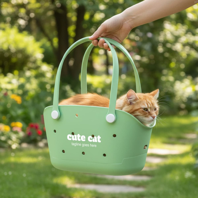 A green pet carrier with handles holds an orange cat, set against a garden background with flowers.