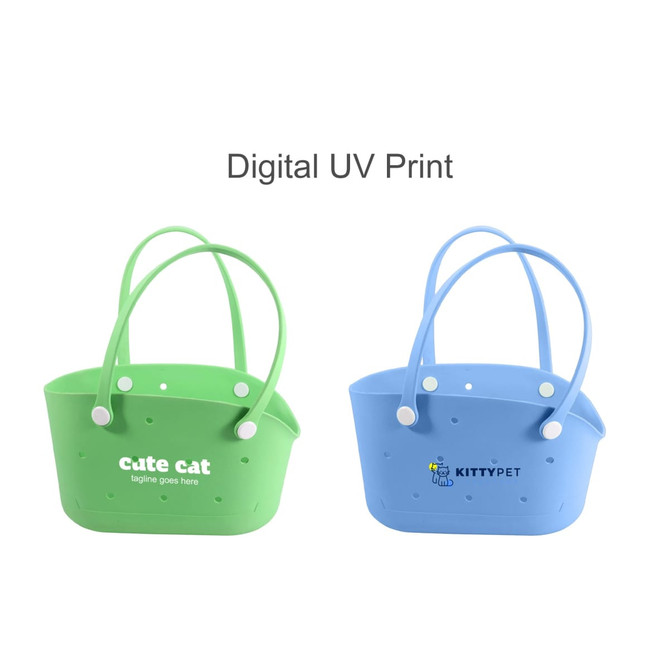A green and a blue pet bag with holes, featuring different designs and logos. Both feature handles for easy carrying.