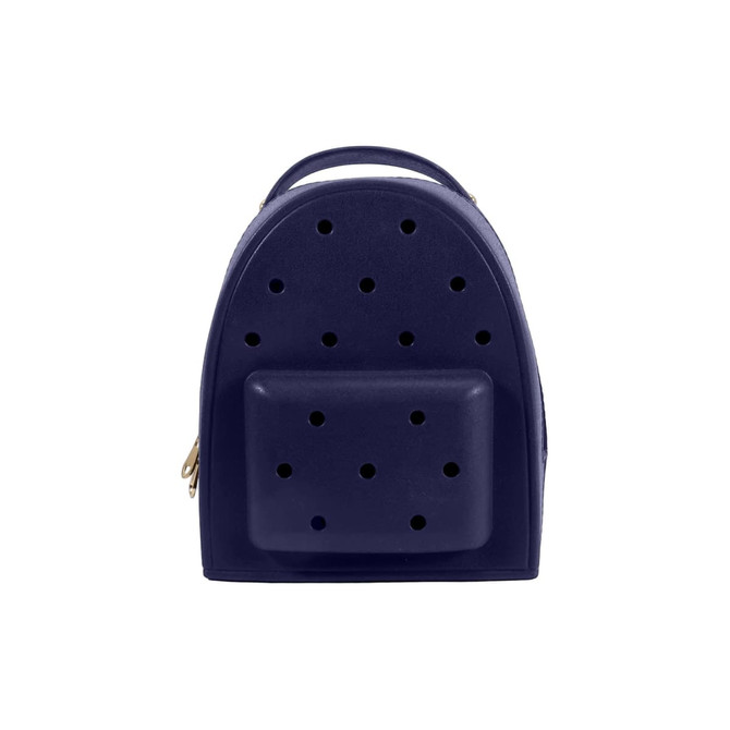 A navy blue EVA Holes Backpack featuring a rounded shape and multiple perforations. Includes a front pocket and handle.