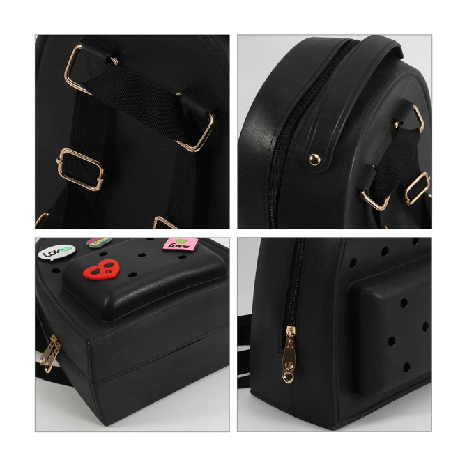 A black EVA Holes Backpack with adjustable straps, zippers, and a textured surface featuring decorative elements.