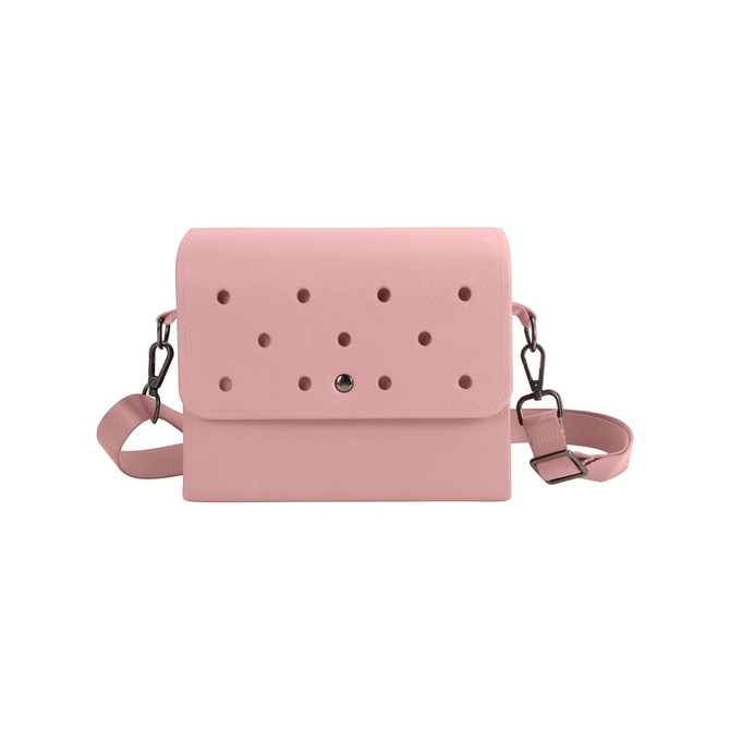 A pink EVA briefcase with a flap and perforated design, featuring an adjustable strap and a silver clasp.