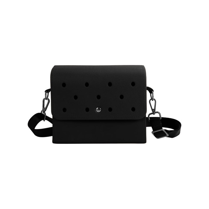 A black EVA Holes briefcase with a flap, featuring a perforated design and adjustable strap. It has a logo.