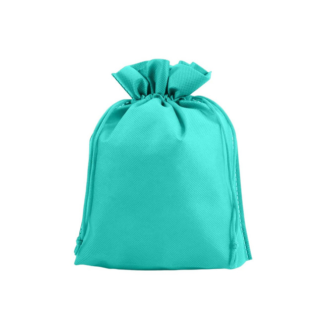 A turquoise non-woven drawstring bag with a gathered top and a logo.