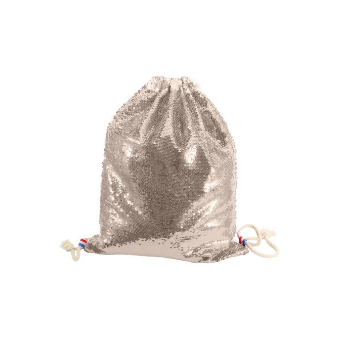 A shiny silver drawstring bag covered in sequins, featuring two drawcords at the base and a branding logo.