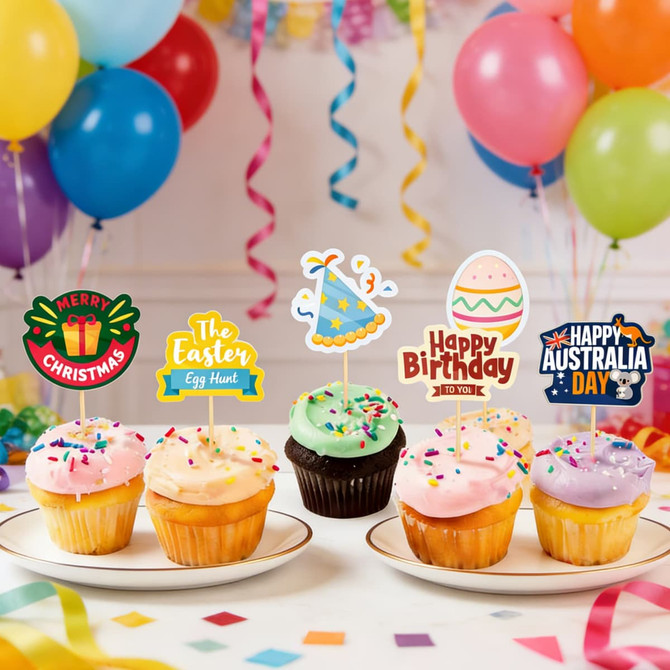 A selection of decorated cupcakes with assorted festive toppers, surrounded by colourful balloons.