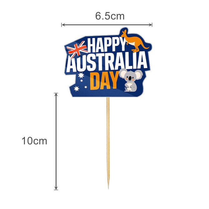 A decorative toothpick featuring a blue and yellow design with an Australian flag, a kangaroo, and a koala.