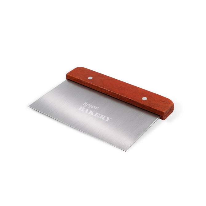 A stainless steel dough scraper with a brown wood handle, featuring a logo on the blade.
