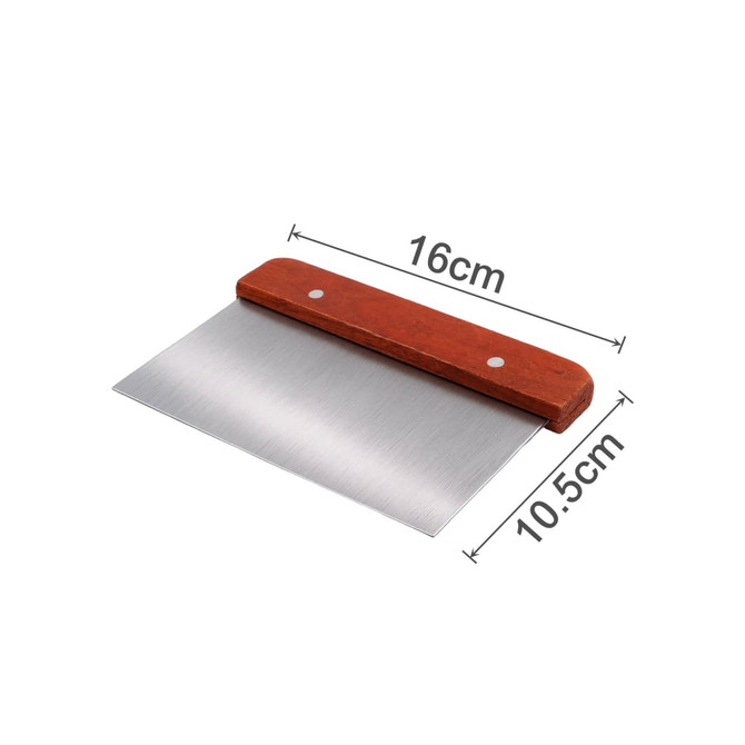 A stainless steel dough scraper with a wooden handle, measuring 16cm by 10.5cm, featuring a sleek silver blade.
