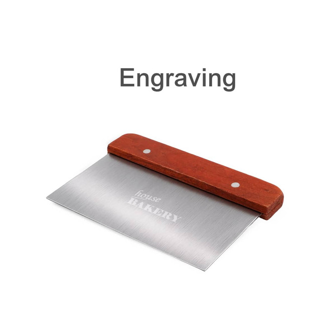 A stainless steel dough scraper with a wooden handle, featuring a shiny blade and a branded logo.