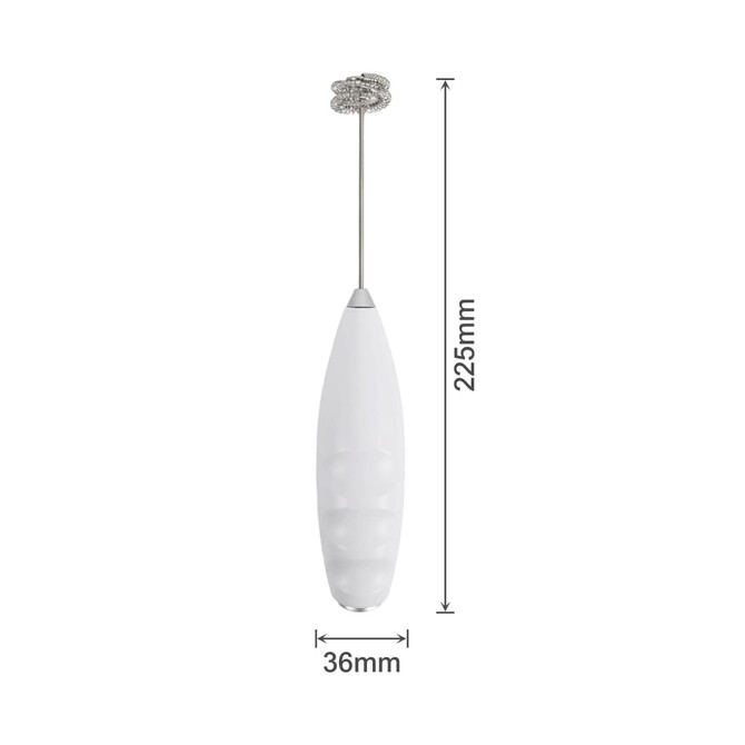 A white milk frother with a long stainless steel whisk attached, featuring a circular whisk head.