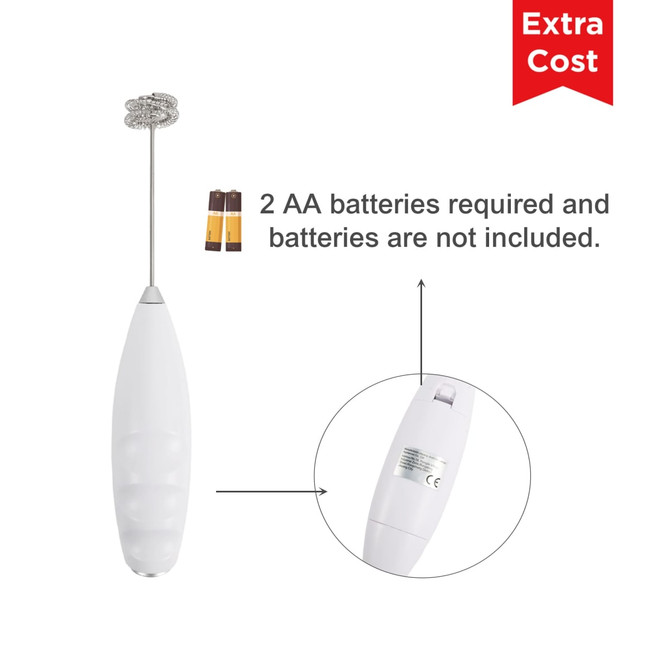 A milk frother in white with a spiral whisk attachment and a logo, showcasing the battery compartment.