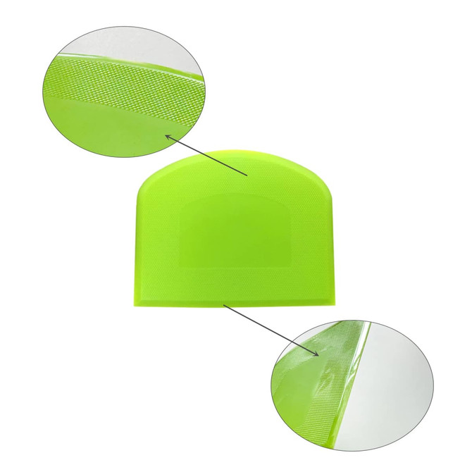 A flexible bowl scraper in bright green, featuring a textured edge and a smooth surface. Includes a logo or branding.
