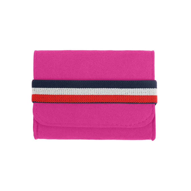 A bright pink felt travel organiser with a striped elastic band in navy, red, and white. It has a logo.