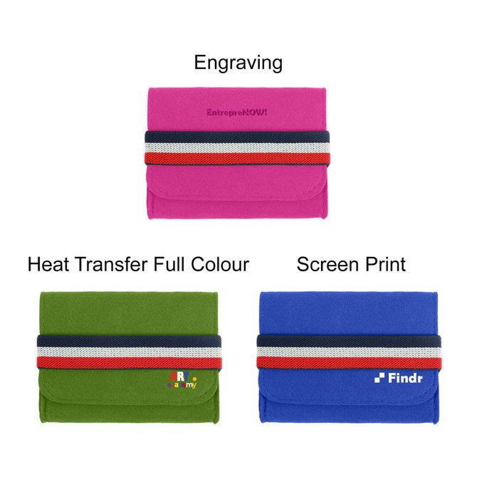 A felt travel organiser in pink, green, and blue with colourful bands, featuring various branding options.