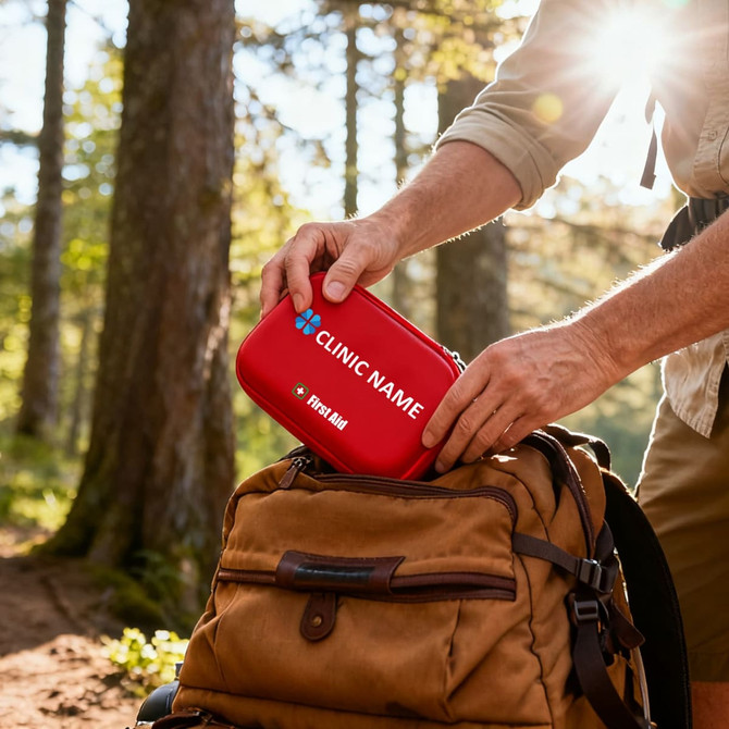 A red hard shell first aid kit case being placed into a brown backpack in a forest setting. The case features a logo.