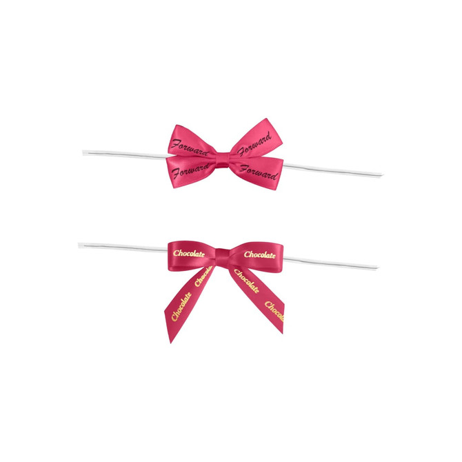 Two pink satin bows with white twist ties, featuring the words "Forward" and "Chocolate" in gold lettering.