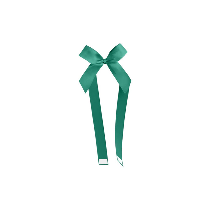A teal adhesive ribbon bow with two long tails, featuring a glossy finish. The product includes a branding logo.