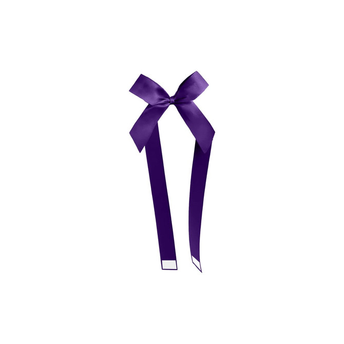 A purple adhesive ribbon bow with long tails, featuring a smooth satin finish and a central knot.