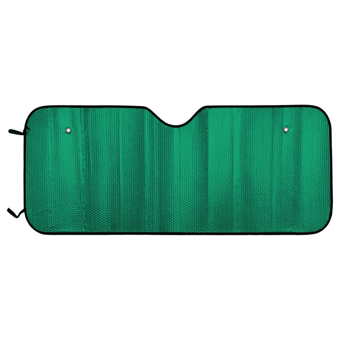 A bubble aluminium car sun shade in bright green, featuring a black trim, designed for vehicle windshields.