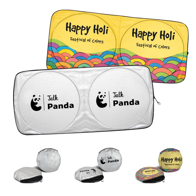 Twin circular sun shades in various colours, featuring playful designs and branding, with round carrying pouches.