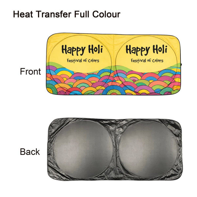 A twin circular car sun shade featuring a vibrant yellow front with a colourful pattern and a black back.