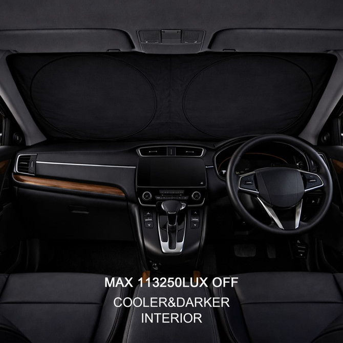 A Twin Circular Light-blocking Car Sun Shade in black, installed across a car's front windshield, with a dark interior.