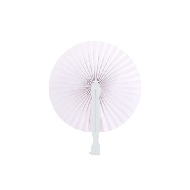 A round plastic paper fan in pale pink with a white handle, featuring a pleated design. It includes a logo.
