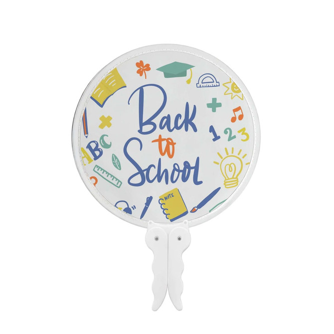 A foldable fan featuring a white background with colourful illustrations and the text "Back to School." It has a logo.