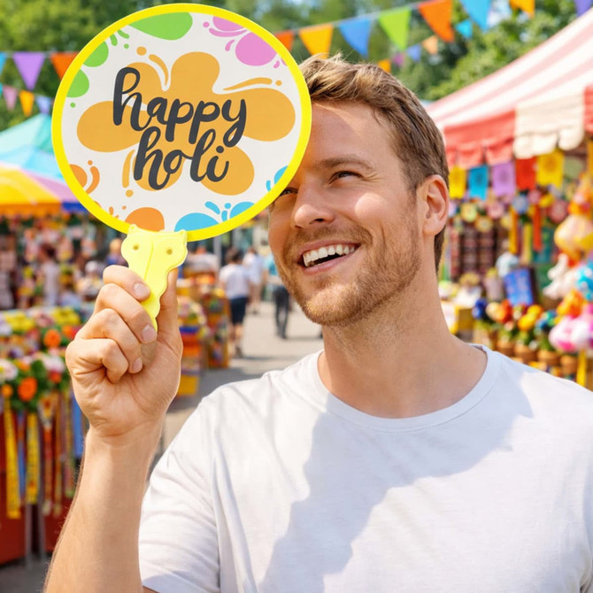 A colourful round fan featuring a festive design and the phrase "happy holi," held by a smiling man at a vibrant market.