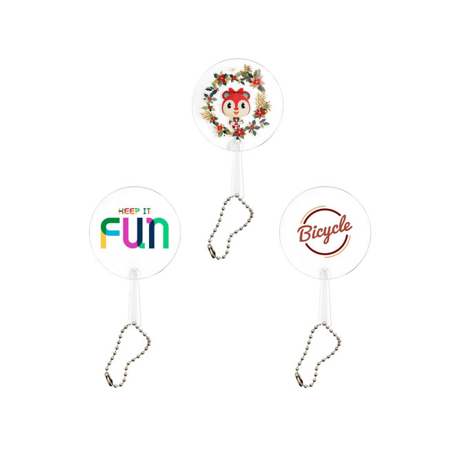 A Mini PVC hand fan featuring a keychain, decorated with bright colours and various playful designs.