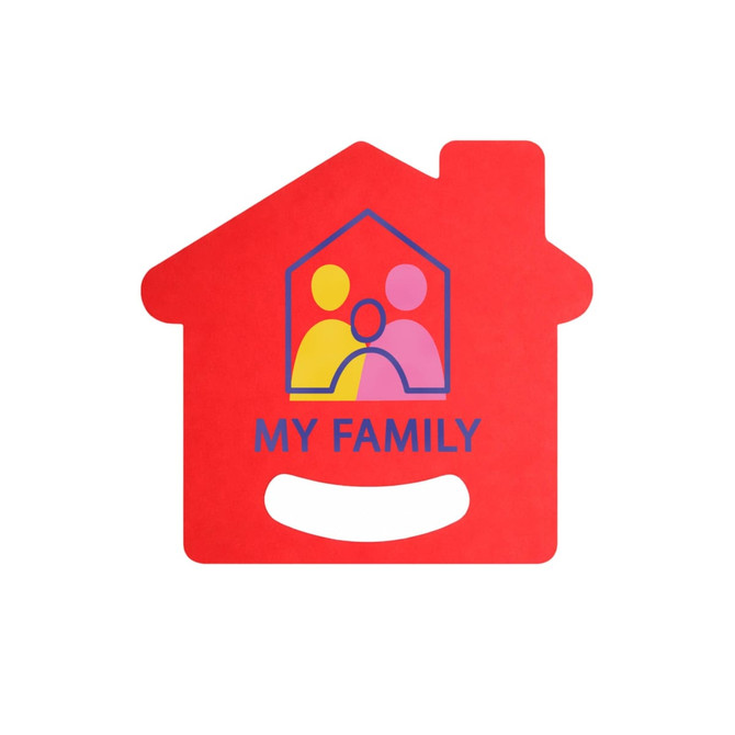 A red fan in the shape of a house, featuring a simple family graphic and a handle cut-out at the bottom.