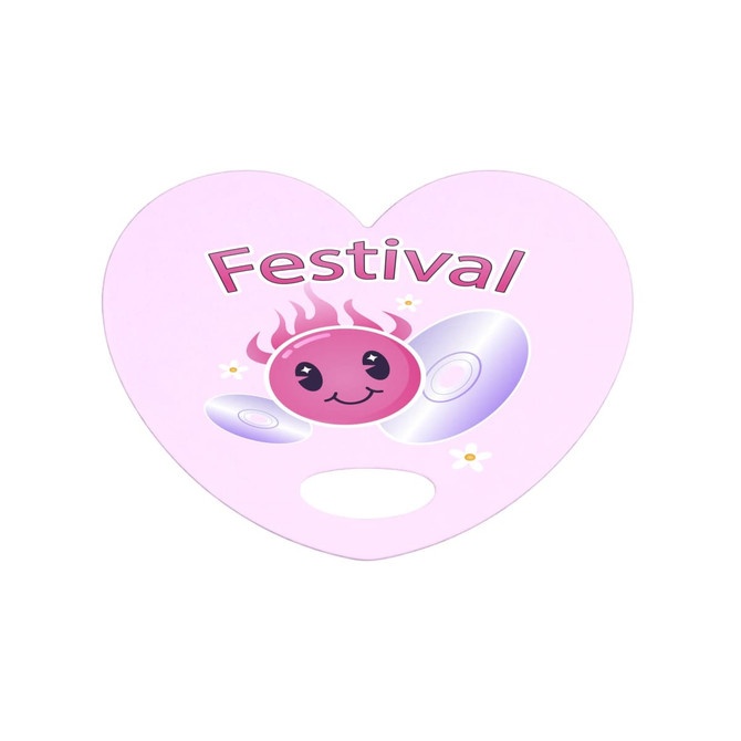 A heart-shaped pink fan featuring a smiling character and discs, with floral accents and a branding logo.