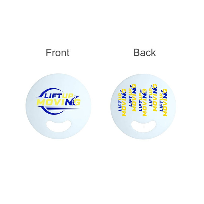 A custom shape PP fan in white with a logo on both sides, featuring blue and yellow text.