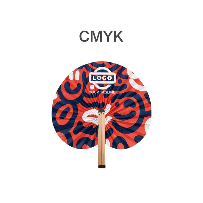A peach-shaped wooden paper fan featuring a red and blue abstract design and a logo on the front.